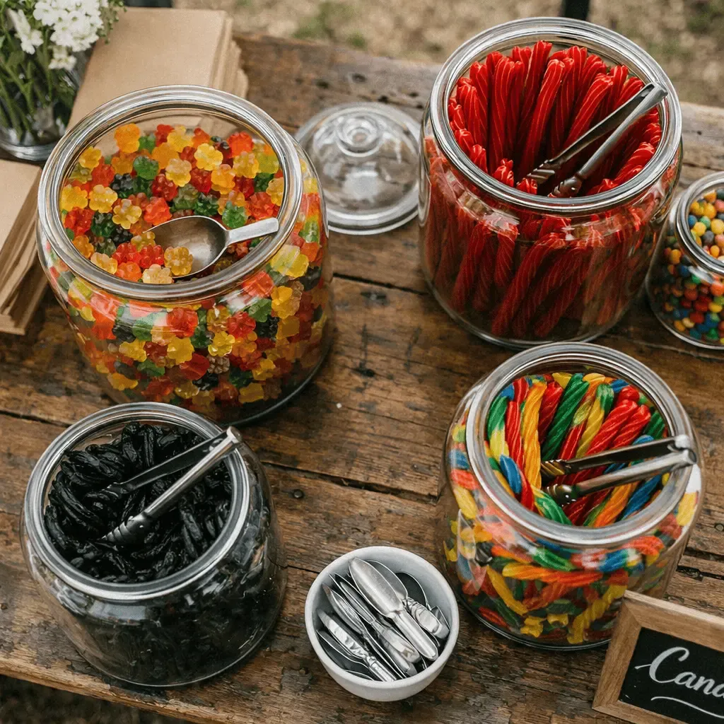 Nahaufnahme einer elegant arrangierten Candybar von oben mit bunten Gummibärchen, Lakritzschnecken und sauren Schnüren in transparenten Behältern mit goldenen Akzenten