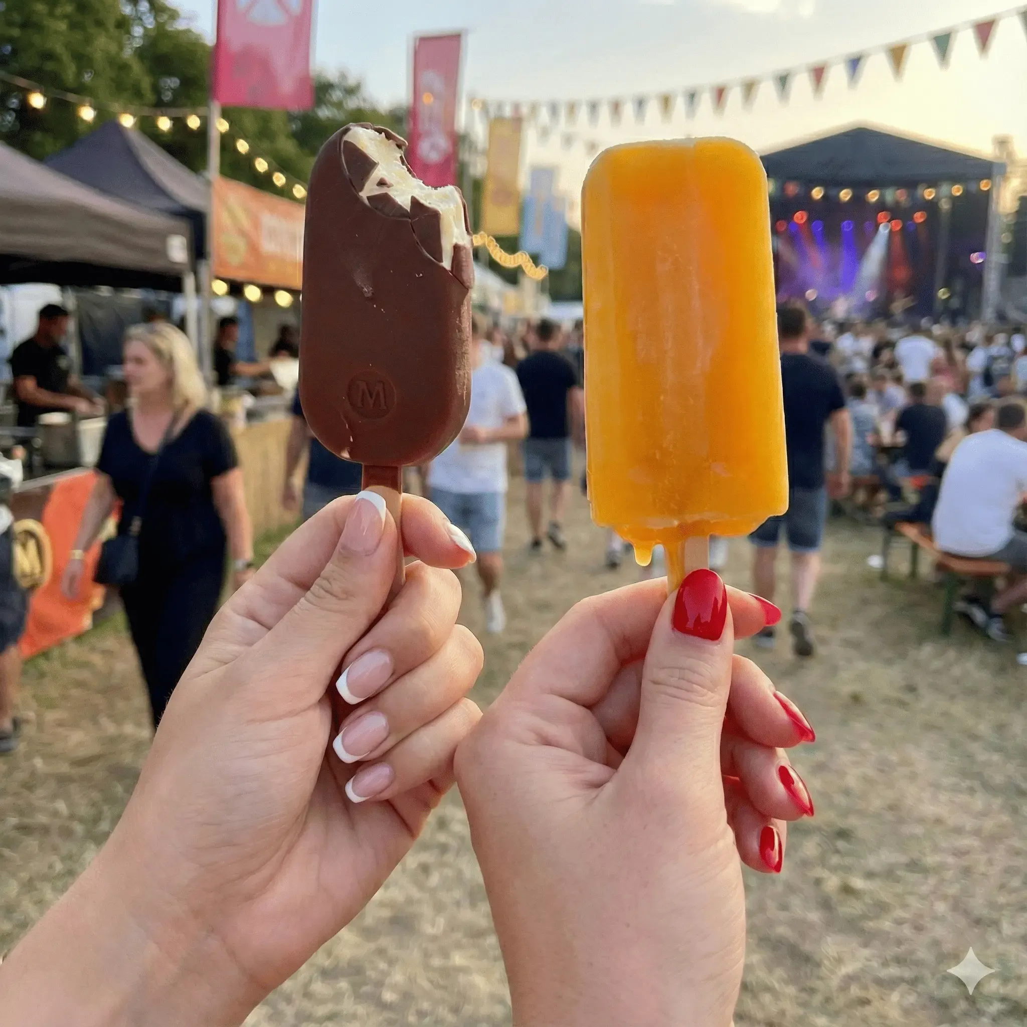 Stylisches Arrangement von verschiedenen Langnese Eissorten auf crushed ice mit dramatischer Beleuchtung